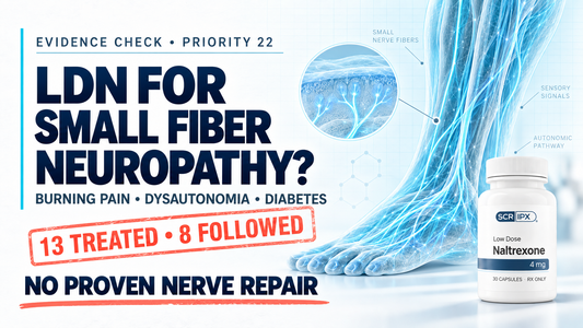 LDN for small fiber neuropathy evidence review featuring nerve pathways, burning pain, dysautonomia, diabetes, and limited clinical research.