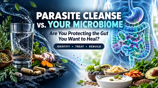 Parasite cleanse versus gut microbiome illustration showing herbs, capsules, hydration, digestive health, fermented foods, and the Identify, Treat, Rebuild framework.
