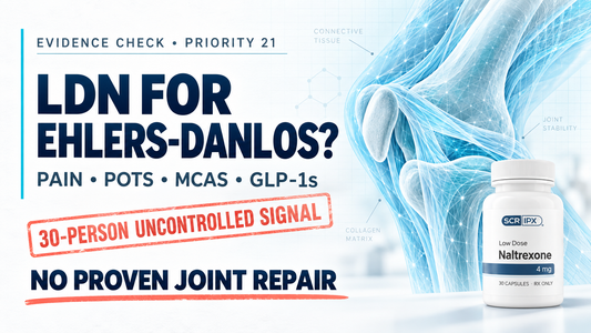 Low-dose naltrexone for Ehlers-Danlos syndrome evidence graphic showing a clinical joint illustration, POTS and MCAS context, GLP-1 coordination, and the statement that joint repair is unproven.