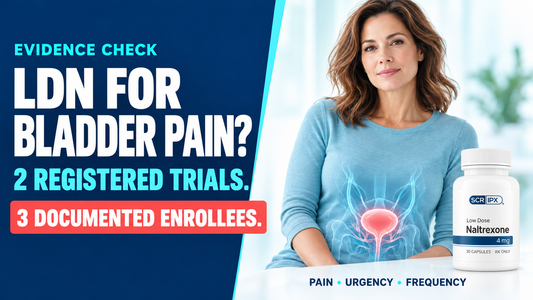 Low-dose naltrexone for bladder pain evidence check highlighting two registered trials and only three documented enrollees.