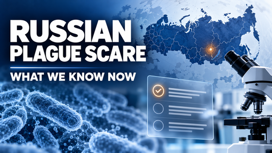 Blue clinical news graphic titled “Russian Plague Scare,” featuring a map of Russia, a microscope, and a fact-check motif for an evidence-based article about pneumonic plague, antibiotic treatment, and why ivermectin is not indicated.