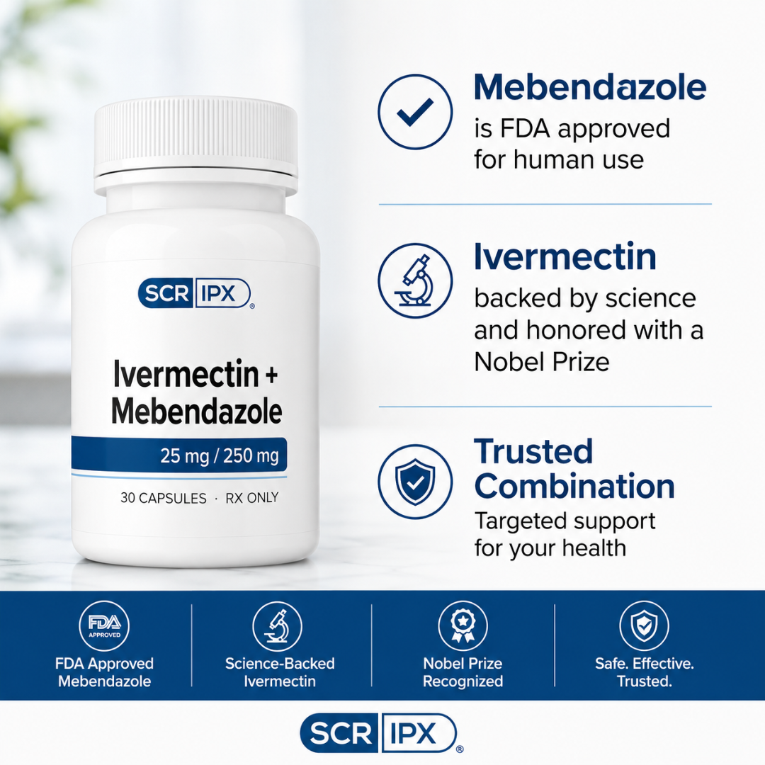 A white bottle of SCR IPX Ivermectin + Mebendazole 25 mg / 250 mg capsules shown on a clean white background with blue informational text and icons about FDA approval, Nobel Prize backing, and trusted combination.